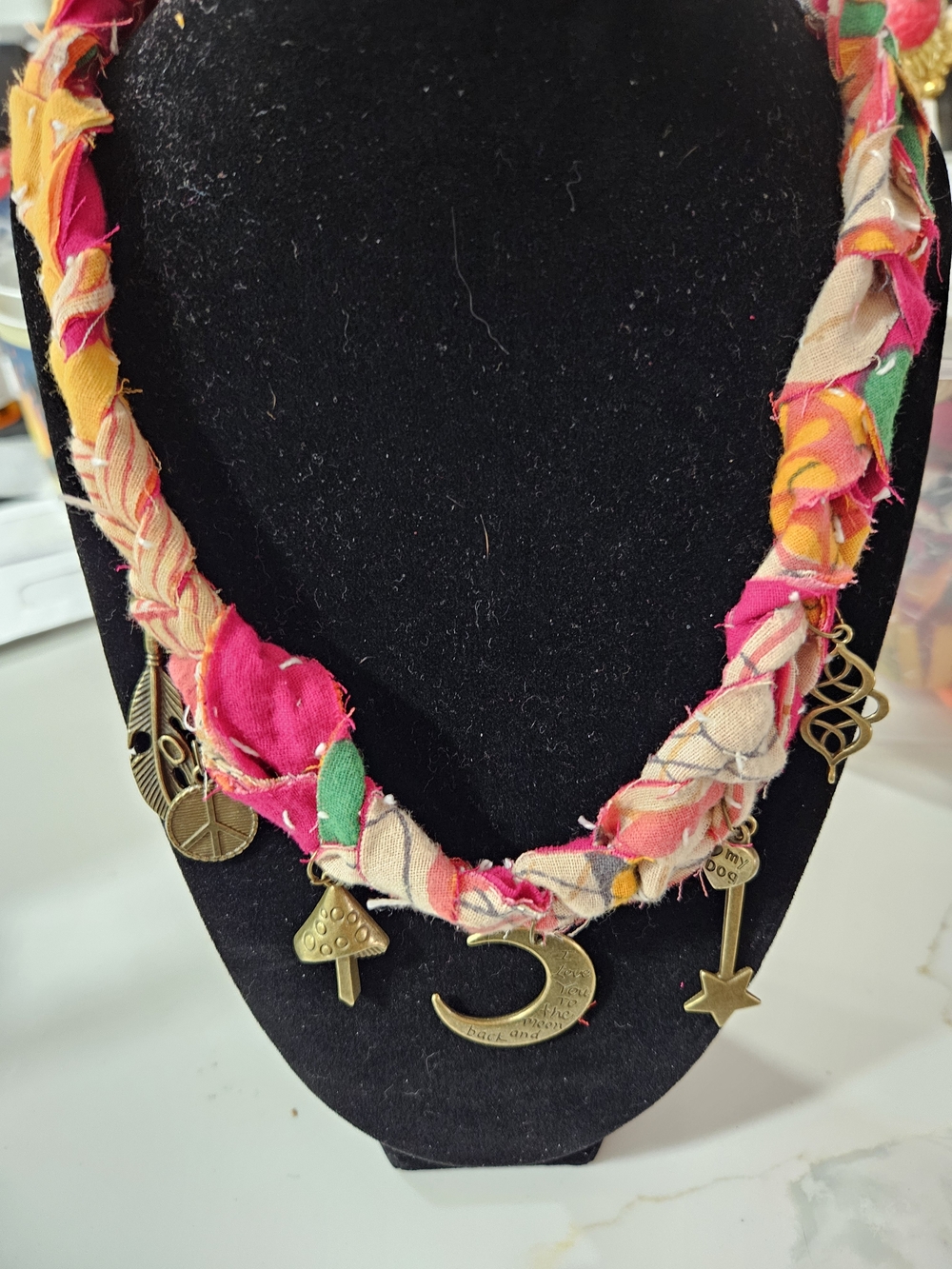 Bohemian Red & Multicolor Kantha Fabric Charm Necklace